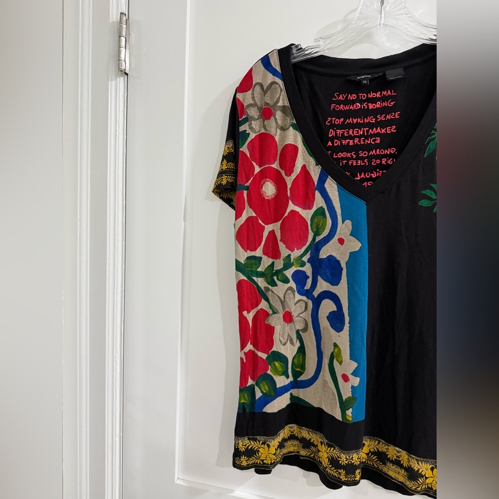 Desigual black short sleeve v neck w/ many patterns (fits like a large) - Picture 7 of 16